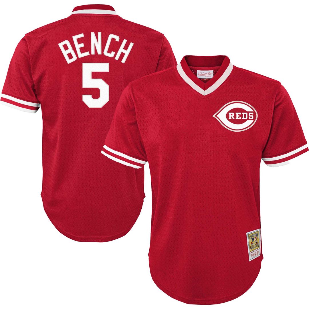 Johnny Bench Cincinnati Reds Mitchell & Ness Youth Cooperstown Collection Mesh Batting Practice Jersey - Red